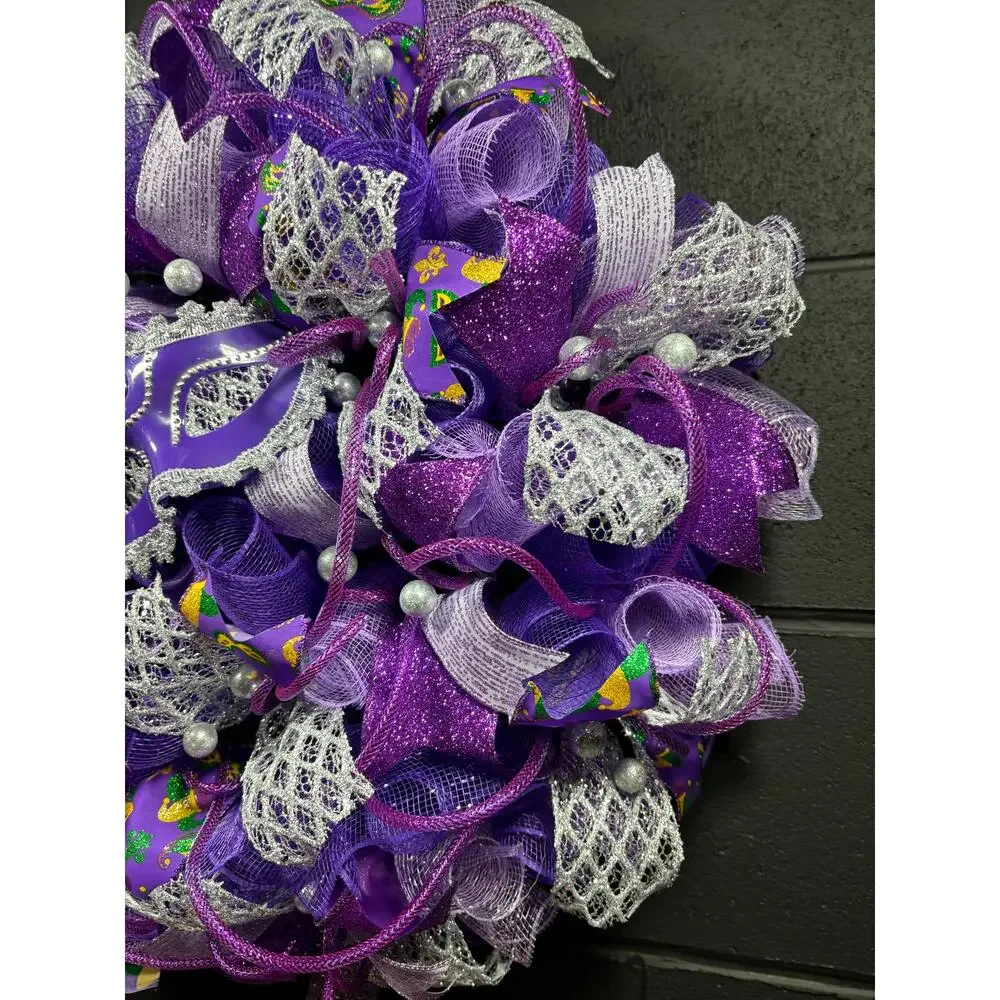 Large Handmade Mardi Gras Front Door Wreath Purple Silver Deco Mesh 22 Inch
